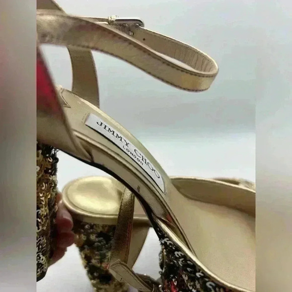 Jimmy Choo London Peachy Peep Toe Sparkle Heels Size 38 Silver Sequins Gold - Picture 10 of 16